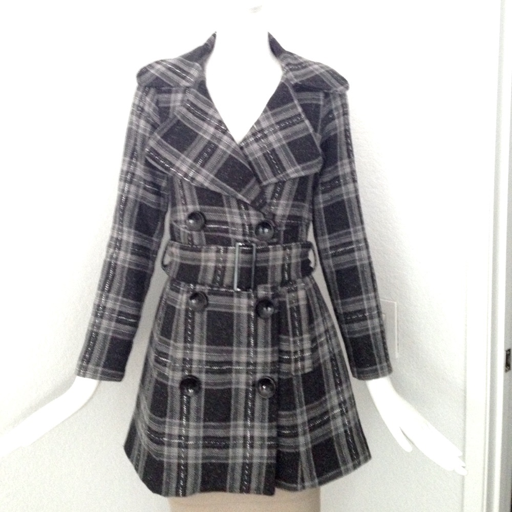 Black white double breasted check trench Coat - Picture 2 of 7